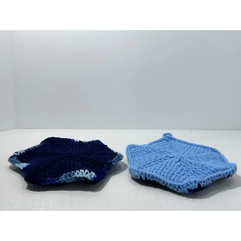 Hand Crocheted Double Thick Hot Pad Pot Holder Pair blue shades‎ VTG Granny Core